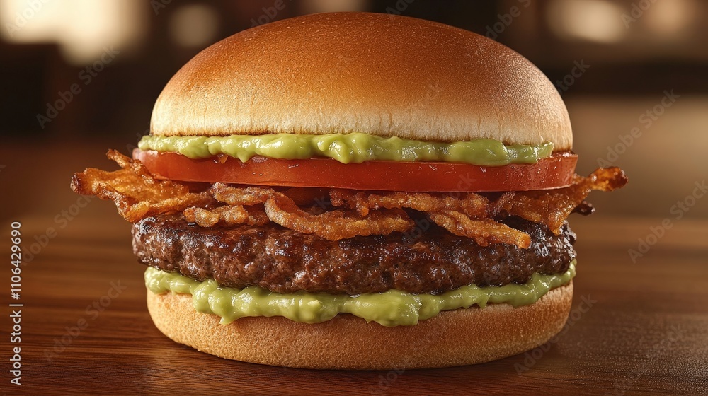 A delicious burger with bacon, tomato, and guacamole on a toasted bun. A delicious burger with bacon, tomato, and guacamole on a toasted bun.
