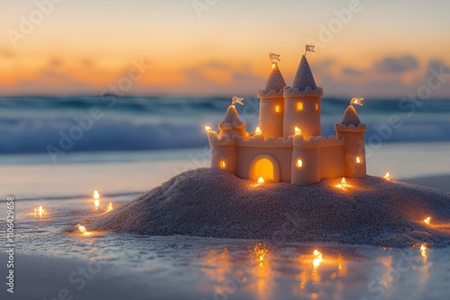 Illuminated sandcastle with glowing lights on the beach at twilight photo