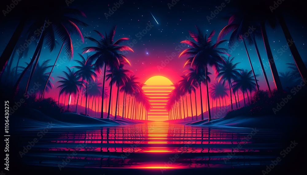 Naklejka premium Vibrant Sunset Over Palm-Lined Pathway Leading to the Ocean