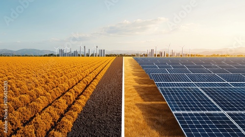 Wallpaper Mural Contrast between farmland and solar energy panels with wind turbines and cityscape in the background. Torontodigital.ca