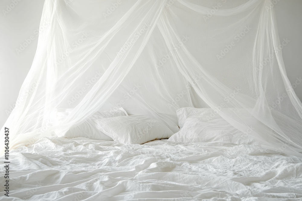 White bed, rumpled sheets, sheer canopy. White bed, rumpled sheets, sheer canopy.