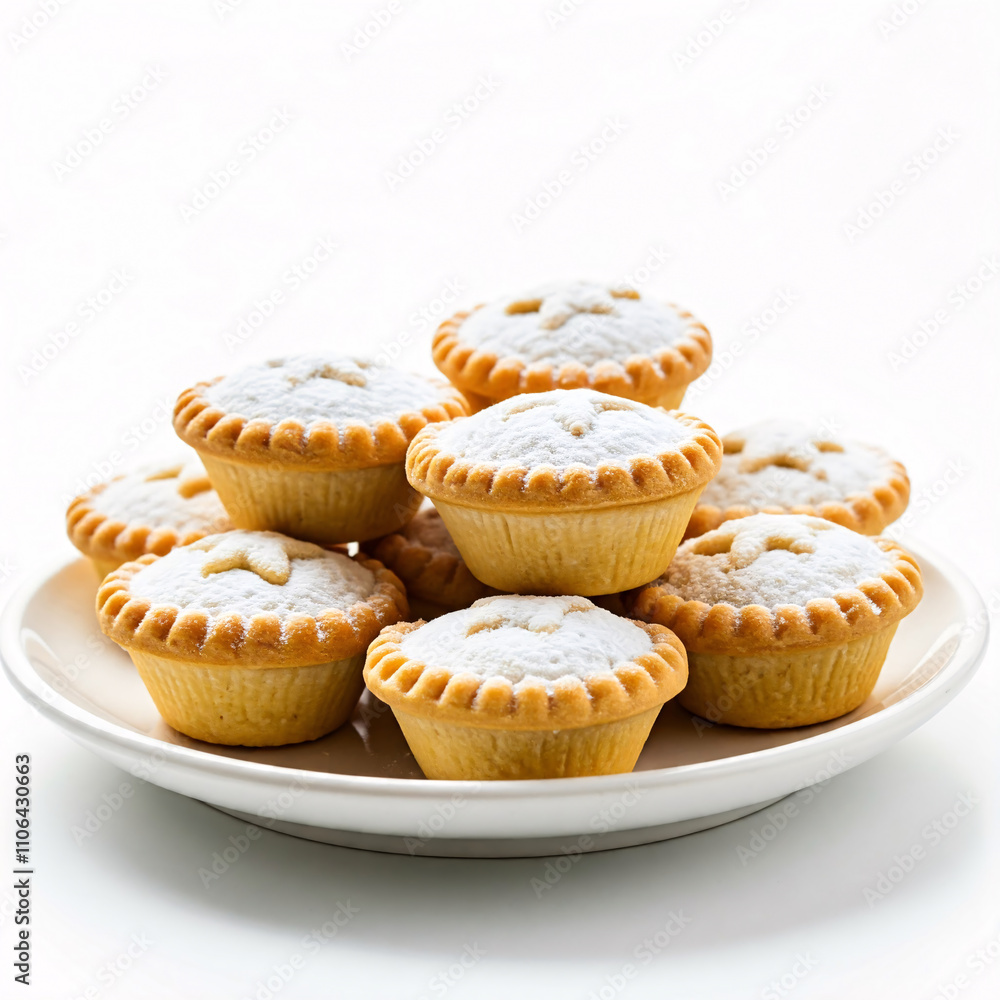 A stack of festive mince pies dusted with powdered sugar on a white plate A stack of festive mince pies dusted with powdered sugar on a white plate