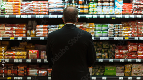 Close up rearview photography of a man in a supermarket or grocery store looking at the shelf full of products, comparing prices and choosing what to buy, male customer behavior in a grocery shopping.