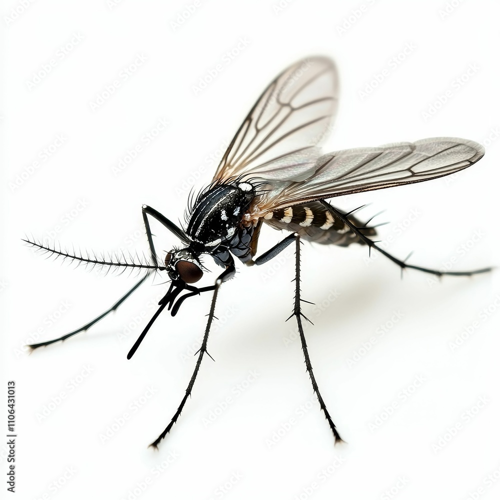 Black and white insect, slender legs, translucent wings. Black and white insect, slender legs, translucent wings.