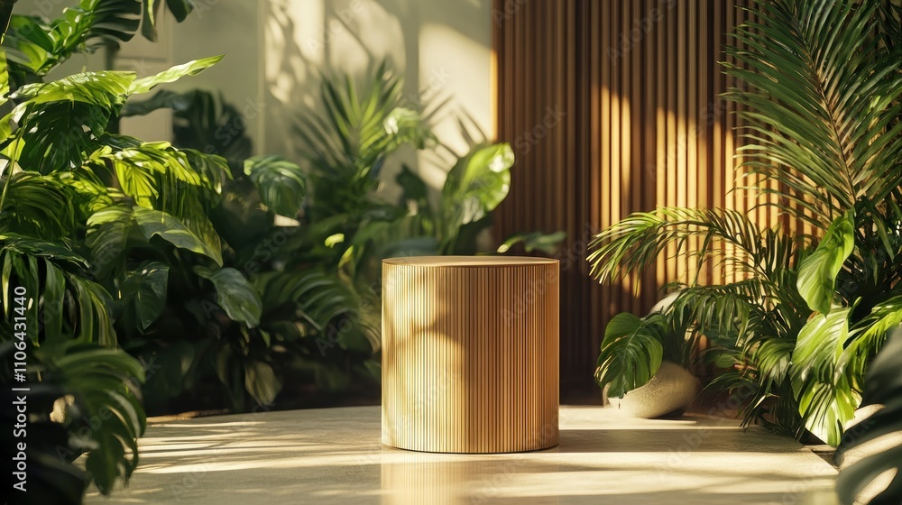 Wooden Display Stand Surrounded by Lush Tropical Plants Wooden Display Stand Surrounded by Lush Tropical Plants