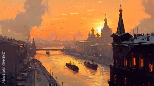 Warm color palettes painted russian city photo