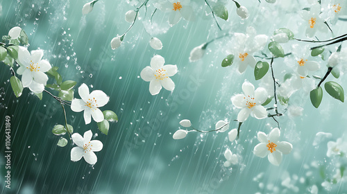 White flowers are falling down the branches with rain