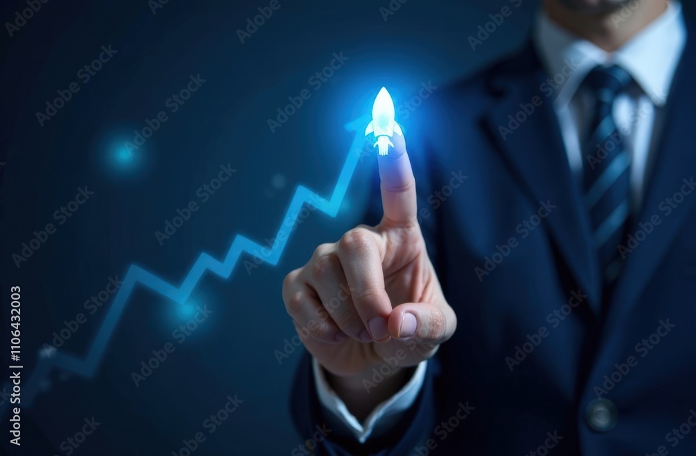 Businessman touching on blue rocket icon launch with up arrow, investment growth, financial success. Businessman touching on blue rocket icon launch with up arrow, investment growth, financial success.