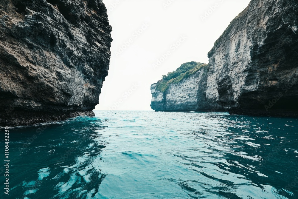 Naklejka premium Ocean passage between steep, rocky cliffs.