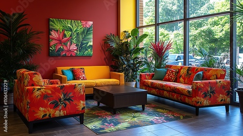 Vibrant tropical-themed waiting area with orange sofas, plants, and artwork.