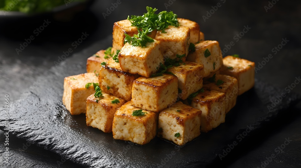 A pile of tofu with parsley on top. The tofu is cut into small cubes and arraA pile of tofu with parsley on top. The tnged in a pyramid shape. The parsley adds a pop of color and freshness to the dish A pile of tofu with parsley on top. The tofu is cut into small cubes and arraA pile of tofu with parsley on top. The tnged in a pyramid shape. The parsley adds a pop of color and freshness to the dish