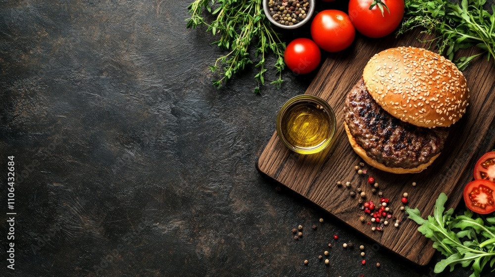 A delicious burger with fresh ingredients on a wooden board, perfect for a meal. A delicious burger with fresh ingredients on a wooden board, perfect for a meal.
