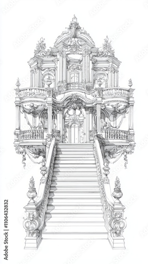 Grand Neoclassical Staircase Drawing on Aged Paper in Black and White Grand Neoclassical Staircase Drawing on Aged Paper in Black and White