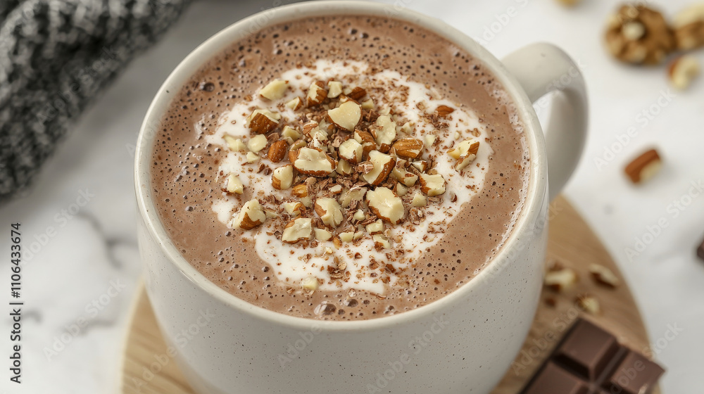 Creamy oat milk hot chocolate topped with chopped nuts in cozy mug, perfect for warm treat Creamy oat milk hot chocolate topped with chopped nuts in cozy mug, perfect for warm treat