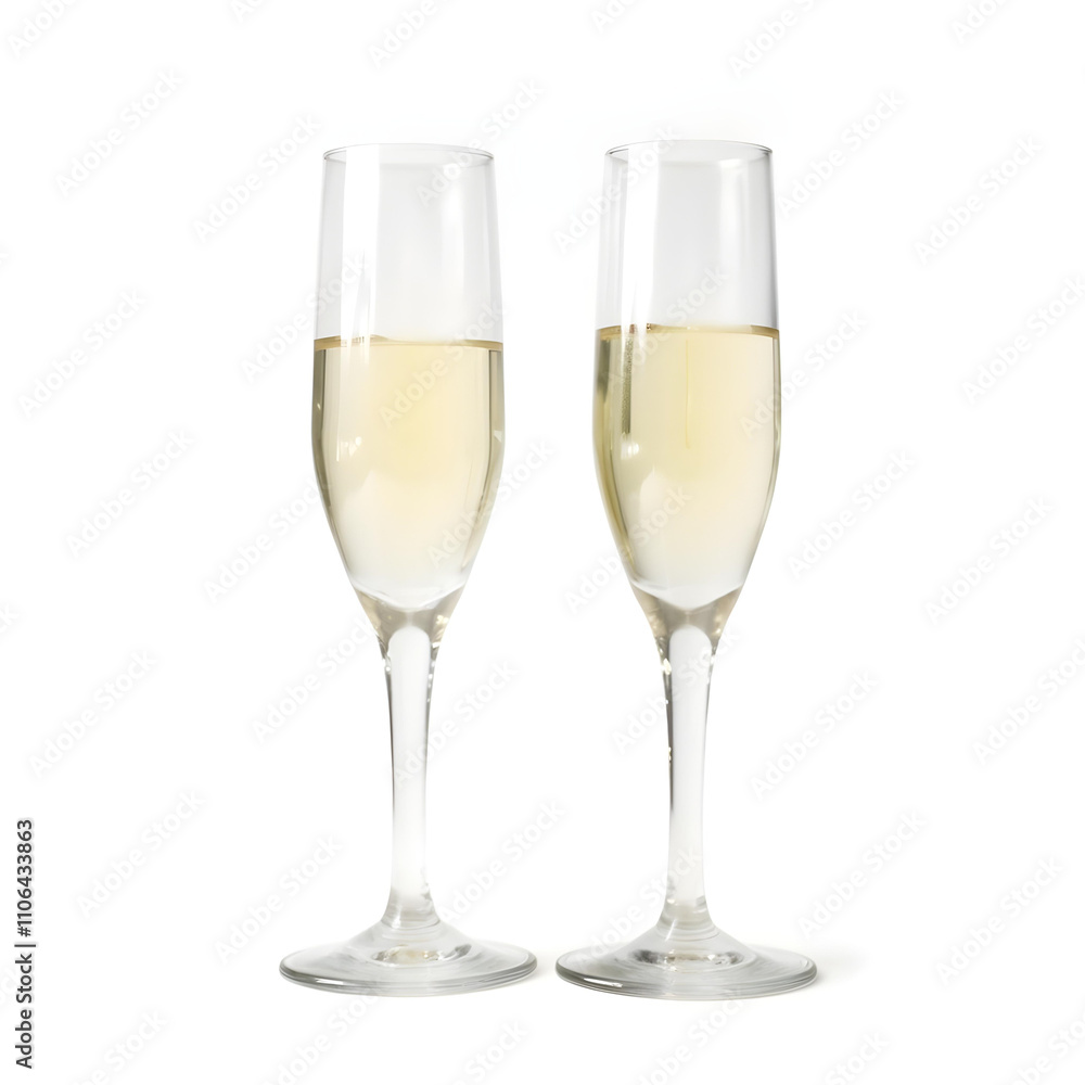 A pair of champagne glasses clinking on a white background A pair of champagne glasses clinking on a white background