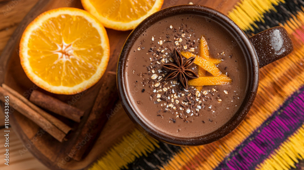warm cup of oat milk hot chocolate is garnished with orange zest and star anise, creating cozy and aromatic beverage. Slices of fresh orange and cinnamon sticks accompany drink on colorful woven mat warm cup of oat milk hot chocolate is garnished with orange zest and star anise, creating cozy and aromatic beverage. Slices of fresh orange and cinnamon sticks accompany drink on colorful woven mat