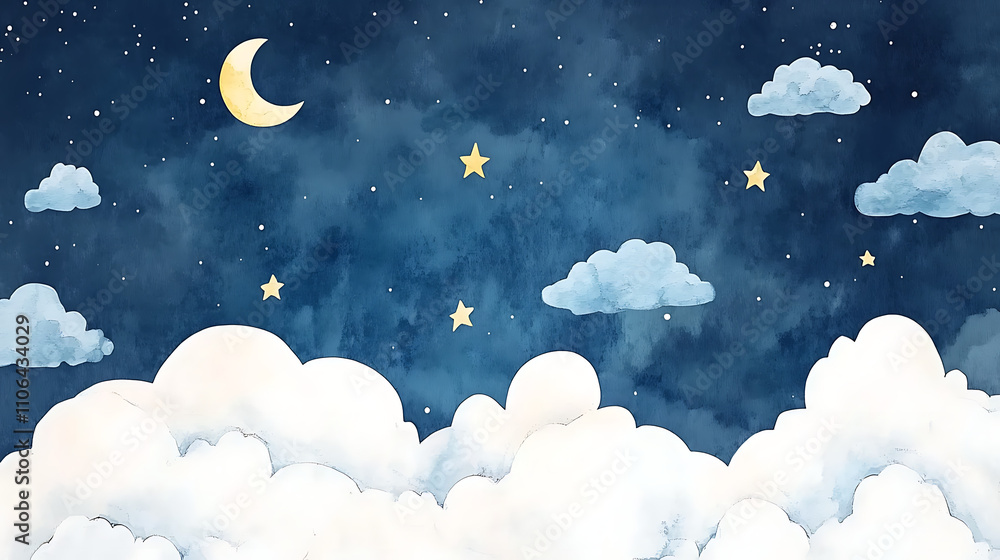 A watercolor background of a night sky with clouds and stars A watercolor background of a night sky with clouds and stars