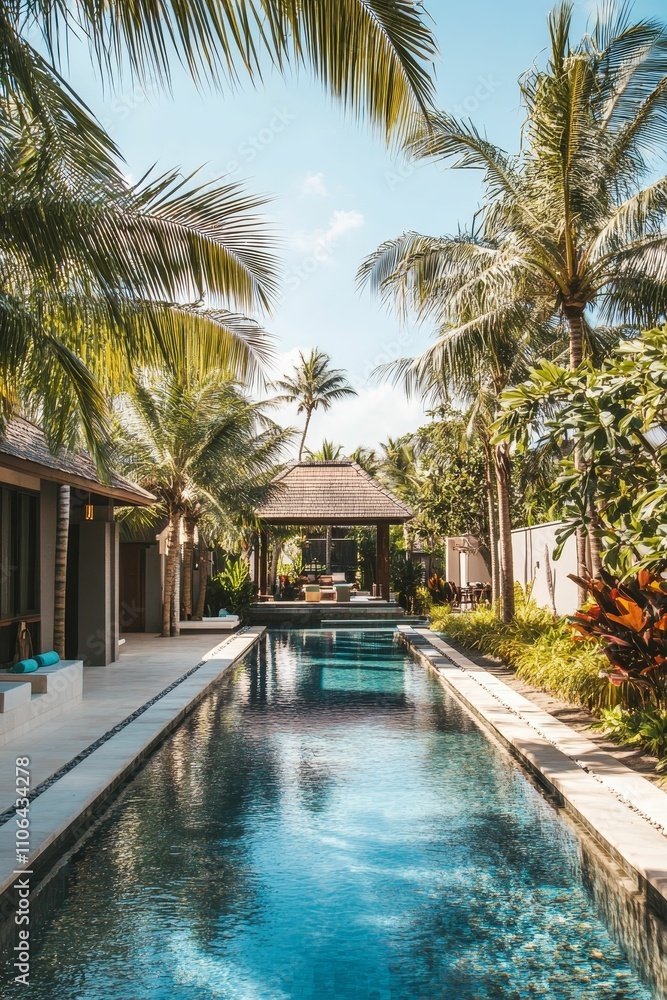 Long pool, tropical landscaping, tranquil resort. Long pool, tropical landscaping, tranquil resort.
