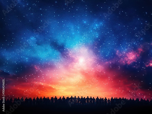 A crowd of people marching forward under a sky of glowing stars, epic composition, cosmic lighting