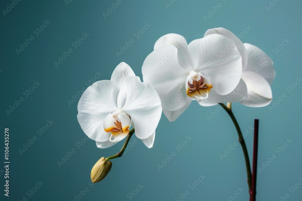 Elegant white orchids with delicate petals and vibrant yellow details against a soft blue background, creating a serene and calming ambiance. Elegant white orchids with delicate petals and vibrant yellow details against a soft blue background, creating a serene and calming ambiance.
