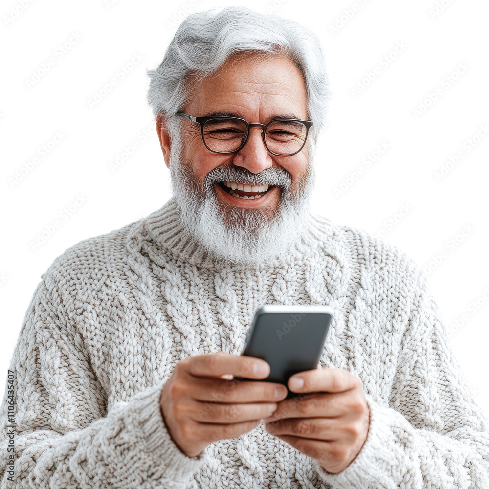 Elderly man, white sweater, using smartphone, smiling, glasses, short white hair, cheerful expression, isolated background. Isolated on white background or PNG Elderly man, white sweater, using smartphone, smiling, glasses, short white hair, cheerful expression, isolated background. Isolated on white background or PNG