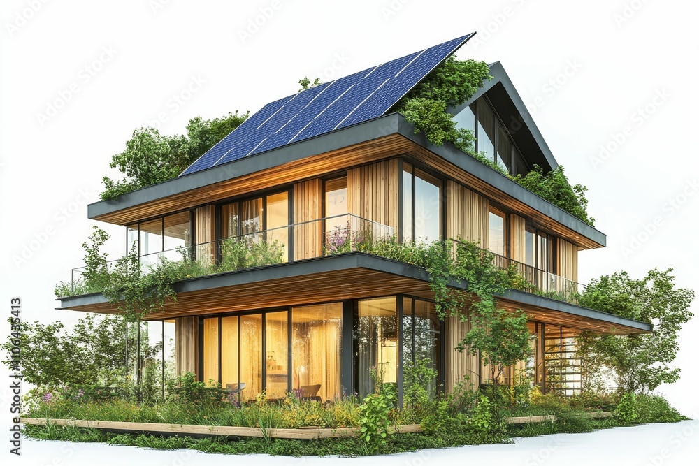 Eco-friendly, two-story house, solar panels, green roof. Eco-friendly, two-story house, solar panels, green roof.