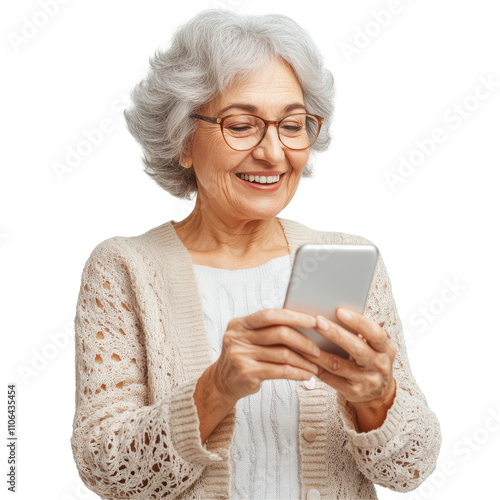 Elderly woman in sweater, glasses, smiling, using smartphone, white background, joyfully engaged in technology. Isolated on white background or PNG