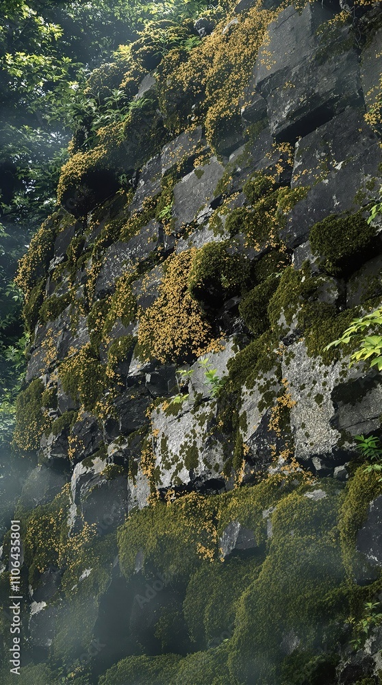 Stone wall with moss and lichen growth in a misty forest, woodland, moss, earthy hues Stone wall with moss and lichen growth in a misty forest, woodland, moss, earthy hues
