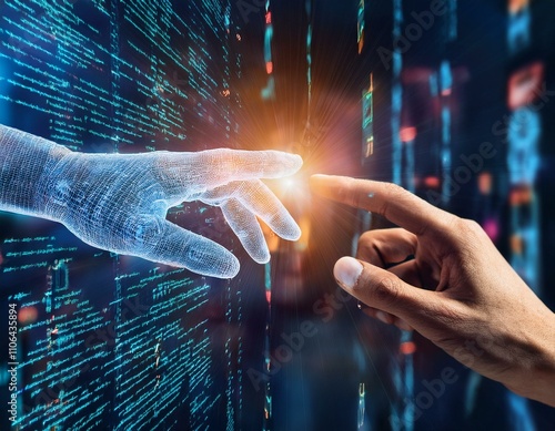 A hand reaching to touch a screen with IT code