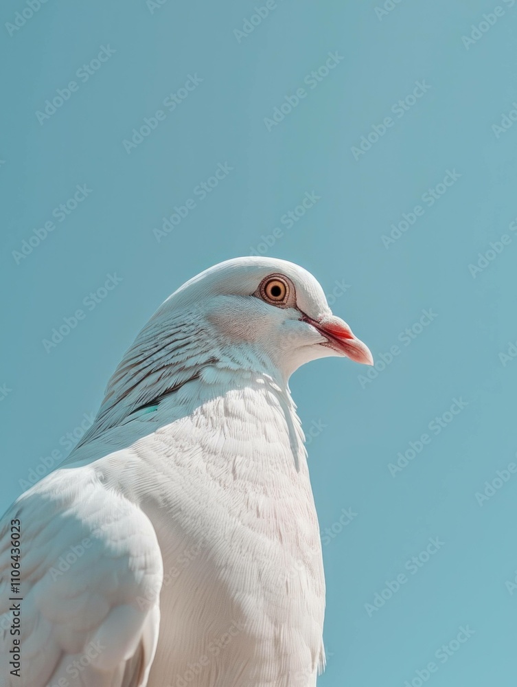 Majestic white dove perched against a clear blue sky, symbolizing peace and tranquility. The bird gazes thoughtfully, embodying serenity and grace. Majestic white dove perched against a clear blue sky, symbolizing peace and tranquility. The bird gazes thoughtfully, embodying serenity and grace.