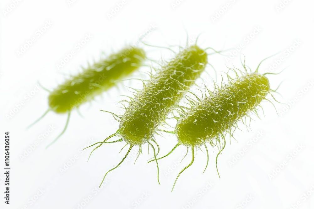 Three rod-shaped microbes with flagella, light green. Three rod-shaped microbes with flagella, light green.
