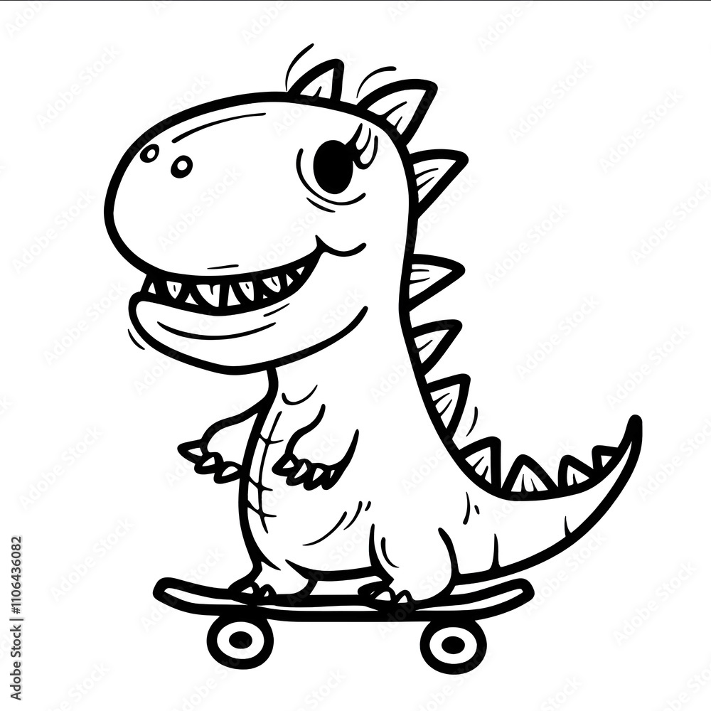 A cute simple dinosaur on a skateboard kids coloring page style with ...