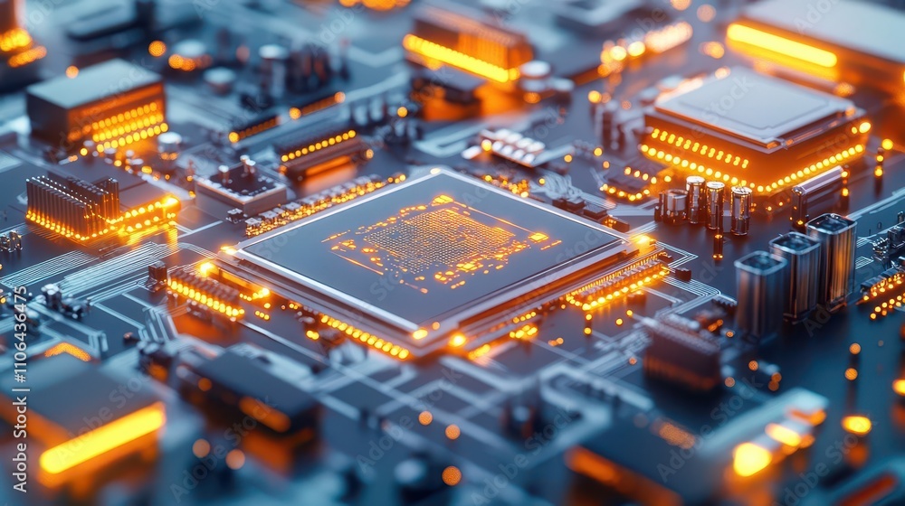 A futuristic assembly line for AI hardware with intricate glowing machines working in sync, Industrial SciFi, Warm Yellow, 3D Illustration A futuristic assembly line for AI hardware with intricate glowing machines working in sync, Industrial SciFi, Warm Yellow, 3D Illustration