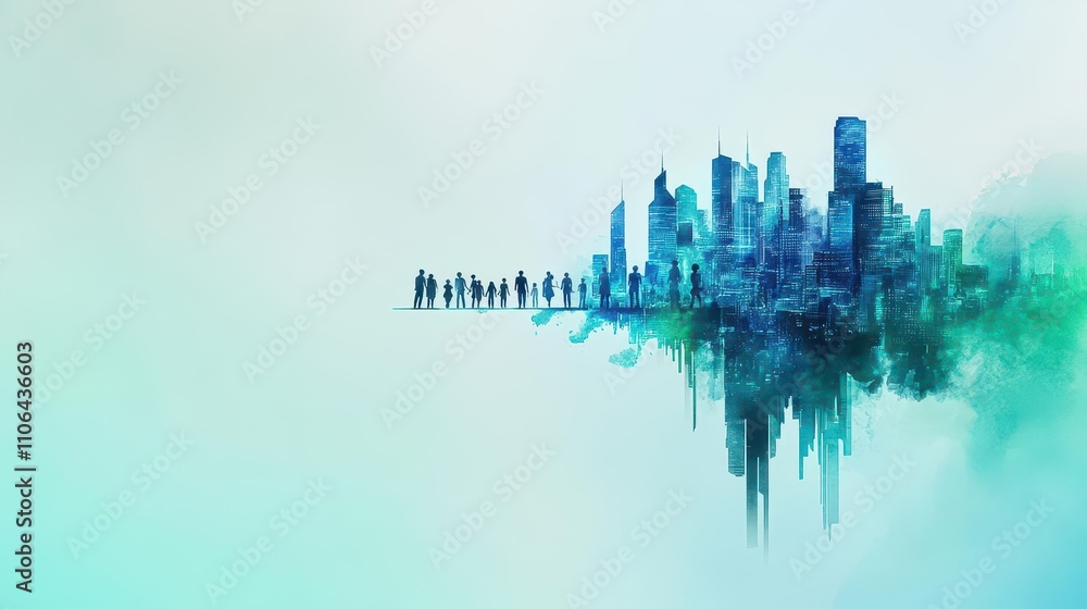 Obraz premium A futuristic cityscape embracing diversity, people of all races, robots, and nature in harmony, soft blue and green watercolor tones