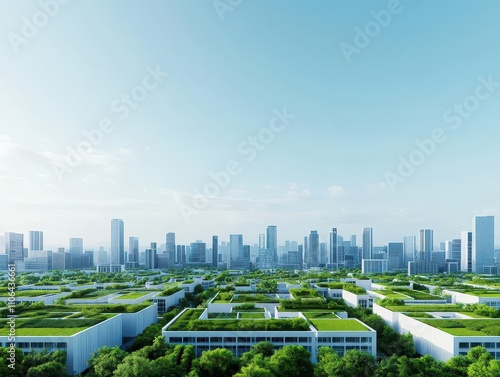 A futuristic cityscape with AImanaged green spaces and rainwater harvesting systems, vibrant and clean, 3D futuristic rendering photo