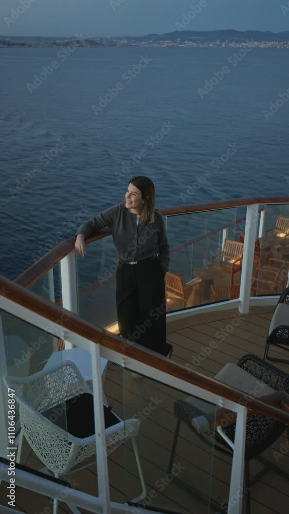 Woman smiling on cruise ship deck enjoying ocean view at sunset with city skyline in background capturing tranquility and vacation vibes on holiday. Woman smiling on cruise ship deck enjoying ocean view at sunset with city skyline in background capturing tranquility and vacation vibes on holiday.