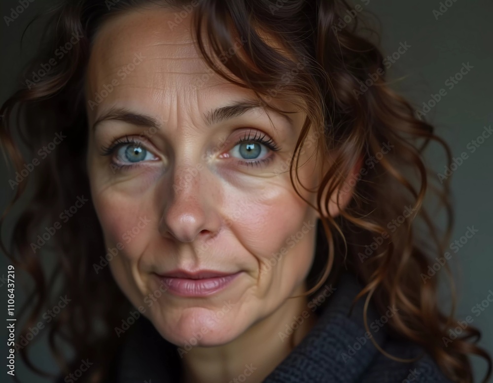 Middle-aged woman, wavy brown hair, captivating blue eyes. She stands confidently exuding grace and poise. A resident of Russia, a woman 40-50 years old. Portrait of an ordinary woman. Generative AI Middle-aged woman, wavy brown hair, captivating blue eyes. She stands confidently exuding grace and poise. A resident of Russia, a woman 40-50 years old. Portrait of an ordinary woman. Generative AI
