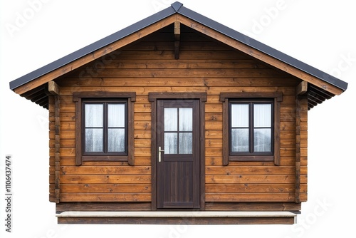 Wooden cabin, dark roof, two windows, door.