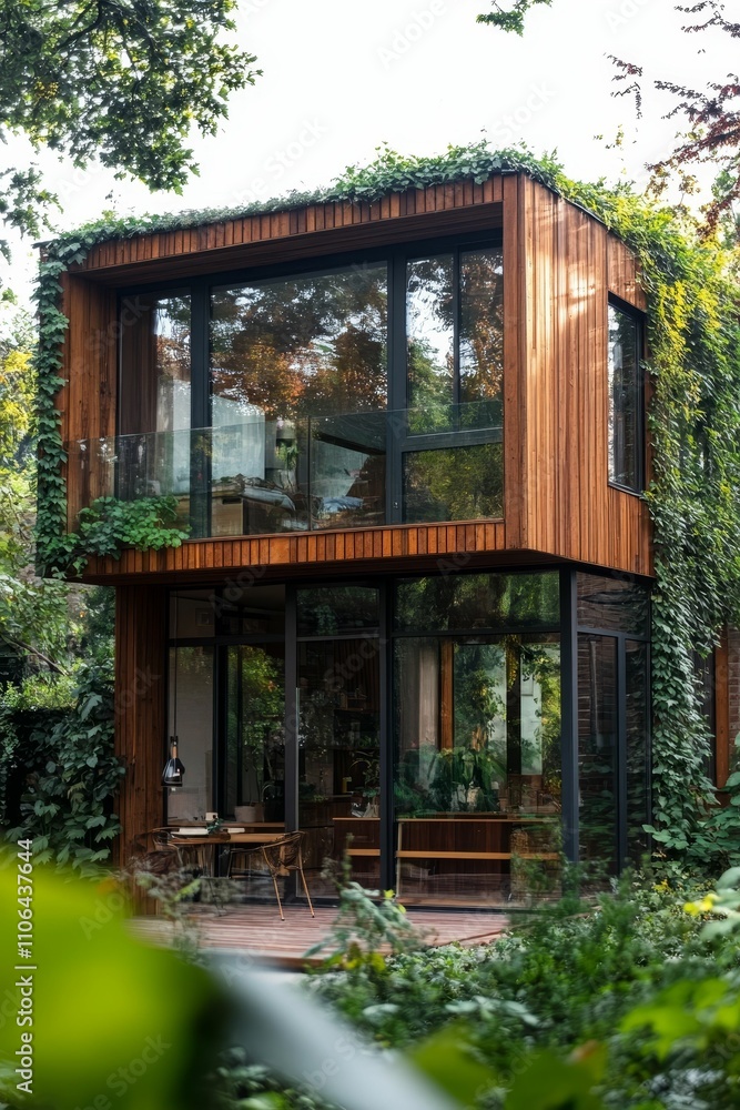 Wooden structure, glass walls, green vine, outdoor patio. Wooden structure, glass walls, green vine, outdoor patio.