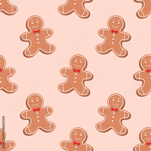 Seamless pattern with gingerbread man on a light beige background. Gingerbread cookies seamless pattern.