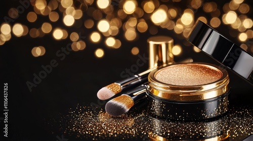 Luxury makeup set with gold tones, glossy product display