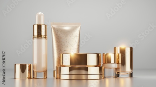 Luxury makeup set with gold tones, glossy product display