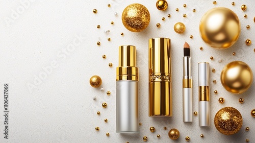 Luxury makeup set with gold tones, glossy product display