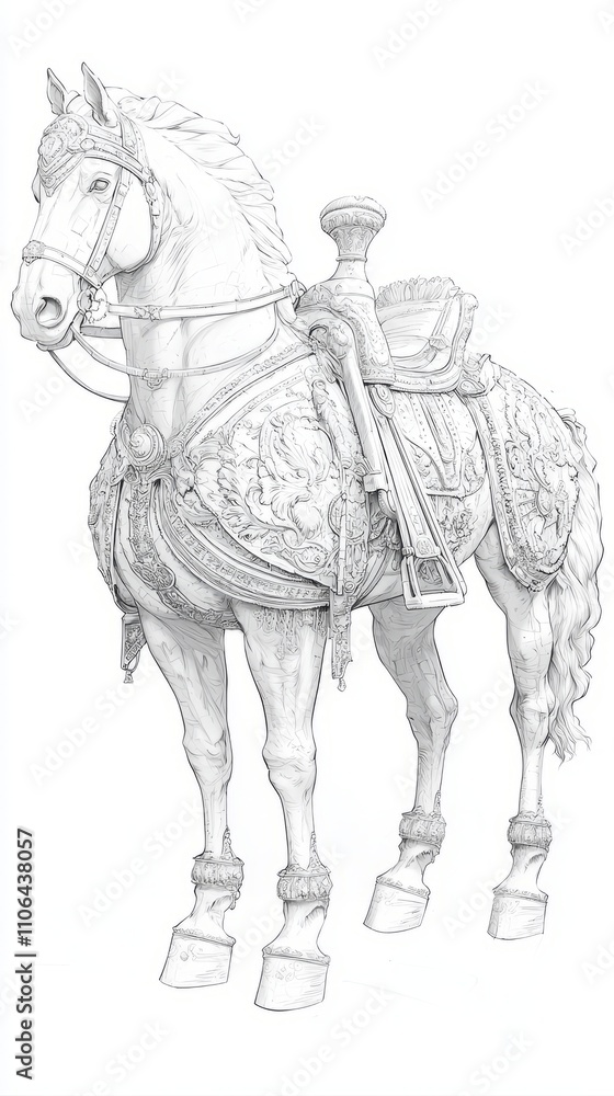 Majestic Neoclassical Drawing of Horse with Intricate Saddlery Symbolizing Power and Nobility in History - Black and White Artwork on Aged Paper Majestic Neoclassical Drawing of Horse with Intricate Saddlery Symbolizing Power and Nobility in History - Black and White Artwork on Aged Paper