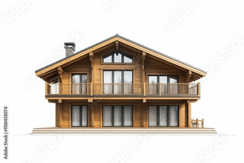 Wooden chalet, balcony, windows, two stories, isolated.