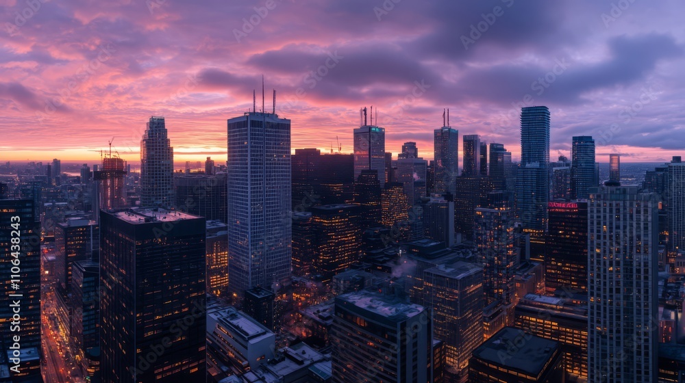 Obraz premium Cityscape at sunset, urban panorama with skyscrapers and colorful clouds.