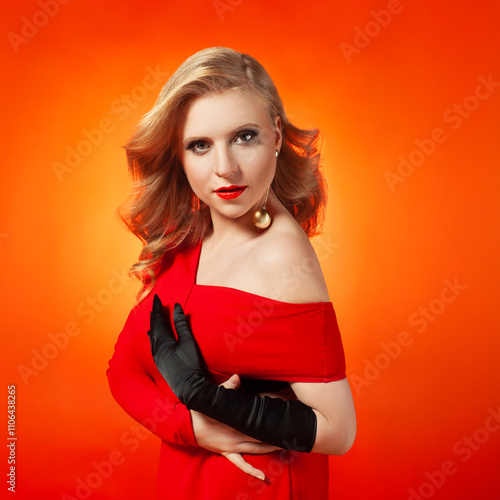 Glamorous Woman in Red Dress with Beauty Makeup