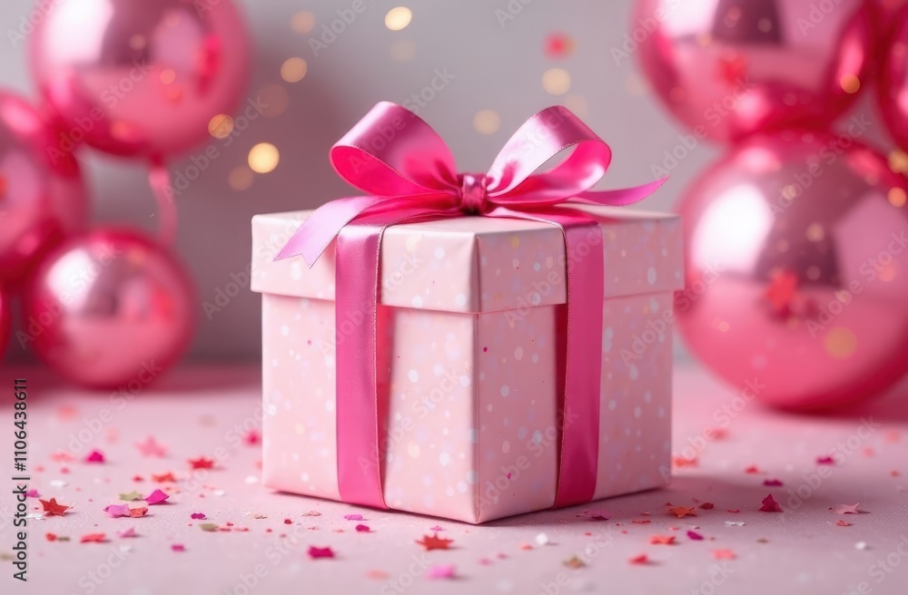 Pinky gift box with gold ribbon on festive birthday background with a lot of colorful balloons Pinky gift box with gold ribbon on festive birthday background with a lot of colorful balloons