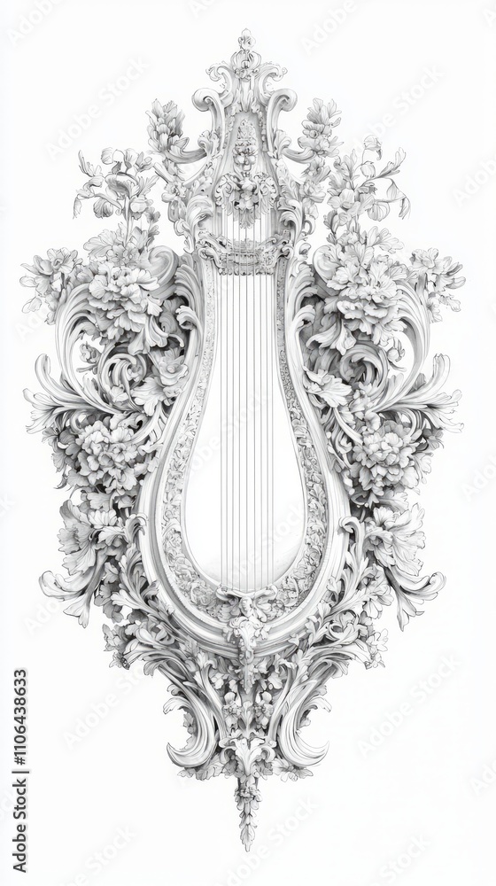 Classical Lyre with Floral Motifs on Aged Paper - Symbol of Art and Governance Harmony | Black and White Flat Artwork Classical Lyre with Floral Motifs on Aged Paper - Symbol of Art and Governance Harmony | Black and White Flat Artwork