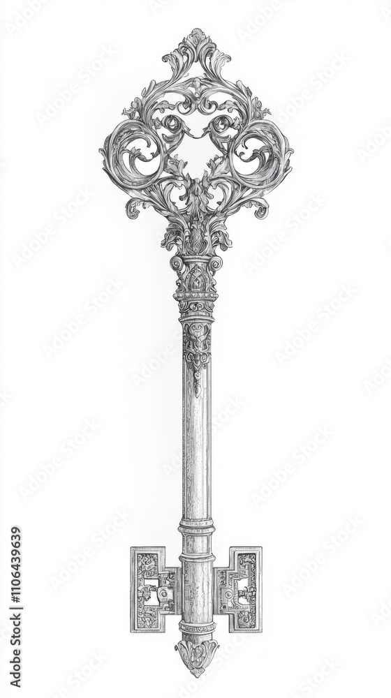 Majestic Ornate Key Pencil Sketch on Aged Paper - Symbol of Power and Governance Majestic Ornate Key Pencil Sketch on Aged Paper - Symbol of Power and Governance